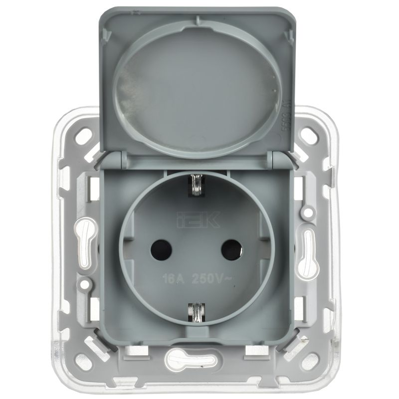 Розетка СП FLITE РСшкр11-1-44-ФлС 16А IP44 с заземл. с защ. шторками и крышкой безвинтовое крепление механизм сер. IEK FI-R16-16-1-44-K03