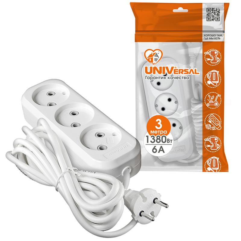 Удлинитель 3х3м без заземл. 6А IP20 У6-639М ПВС 2х0.75 UNIVersal 639М-03