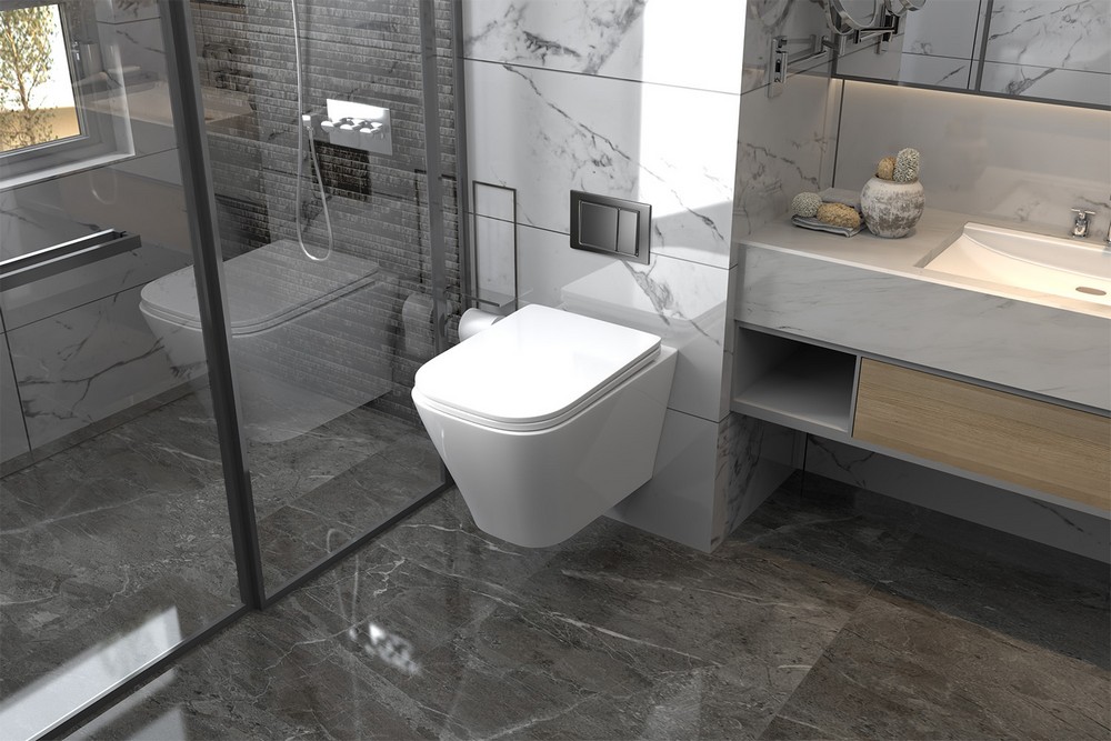 Комплект подвесной унитаз ABBER Rechteck AC1201 белый с инсталляцией AC0105 и кнопкой AC0121MB черный матовый