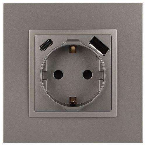 Розетка Elegance 14-4108-16 16A 250В 2P+E защ. шторки с USB type-A+C 3А 5В титан Эра Б0067695