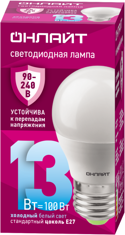 Лампа светодиодная 90 428 OLL-G45-13-230-6.5K-E27-FR (PRO 90-240В) ОНЛАЙТ 90428
