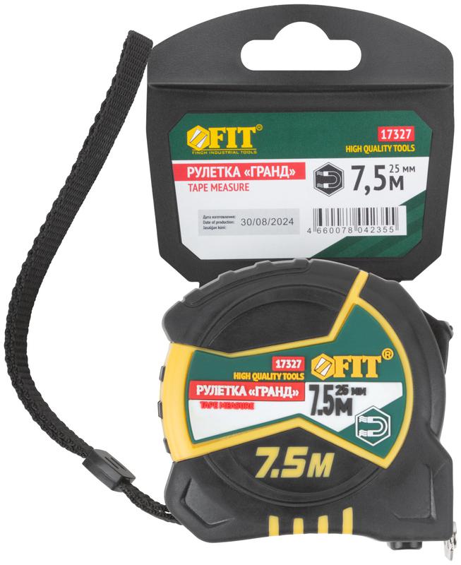 Рулетка Гранд 7.5мх25мм калибр. лента; нейлон. покрытие; магн. крючок; двойной стопор; прорезиненный корпус FIT 17327