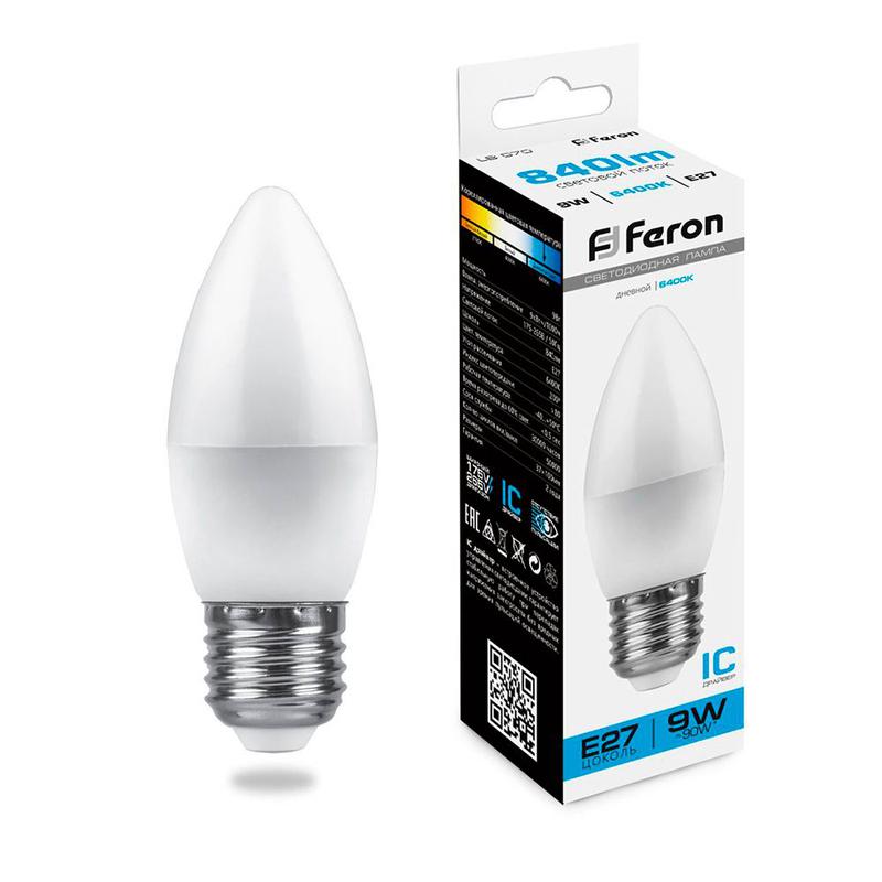 Лампа светодиодная 9Вт 230В E27 6400К С37 LB-570 FERON 25938