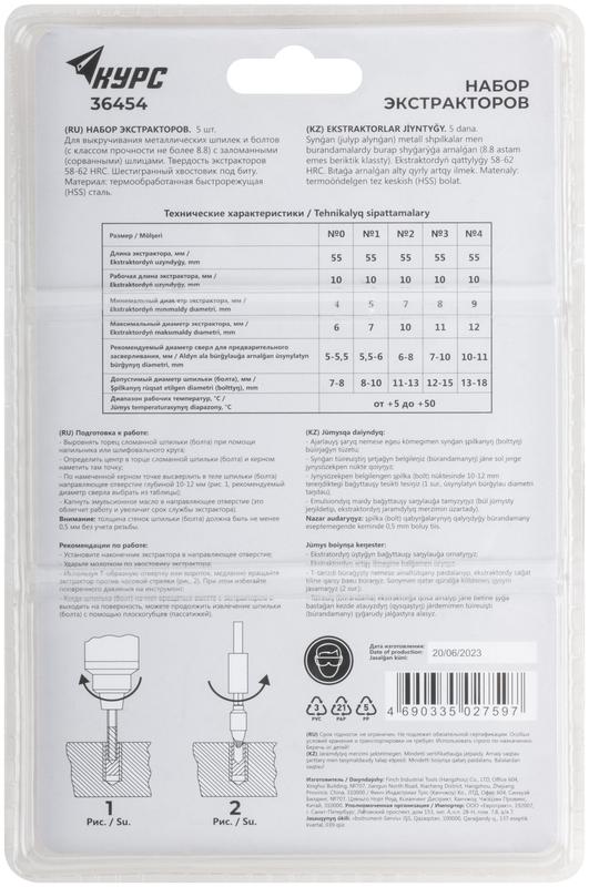 Набор экстракторов для болтов и шпилек усиленные HSS сталь (5 предметов) КУРС 36454