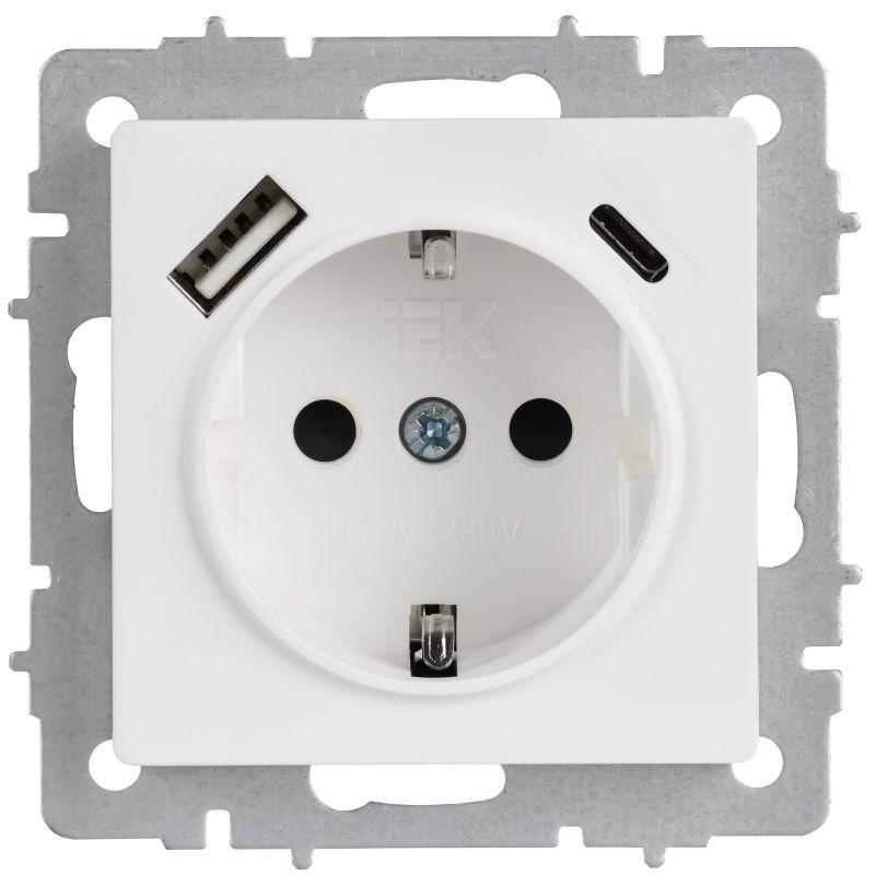 Розетка BRITE РЮш11-1-БрАБ 16А с USB A+C 18Вт с заземл. защ. шторки механизм арктич. бел. IEK BR-R14-16-U22-018-K91