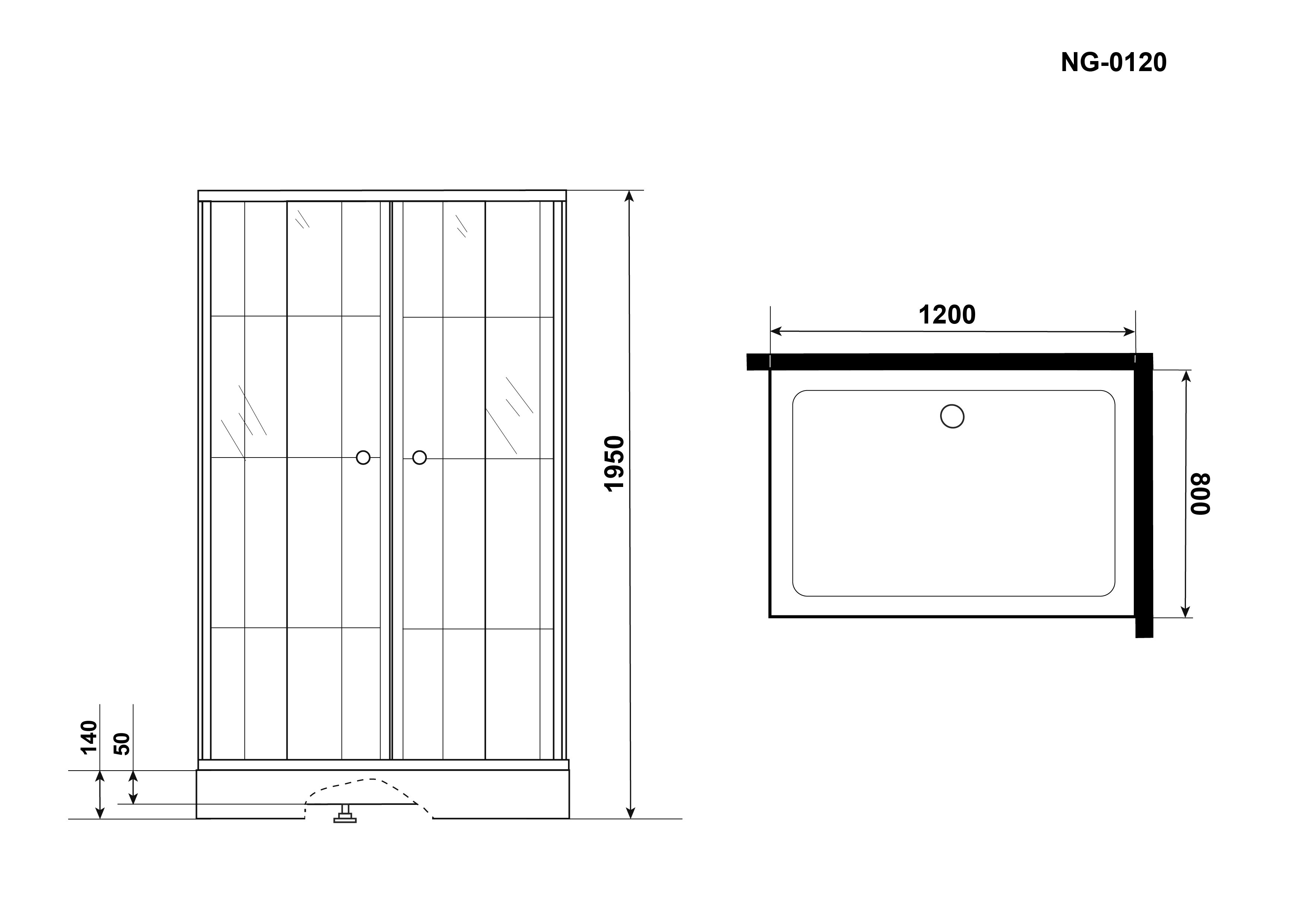 Душевой уголок NG-0120-14 (1200х800х1950) низкий поддон(14см), стекло прозрачное