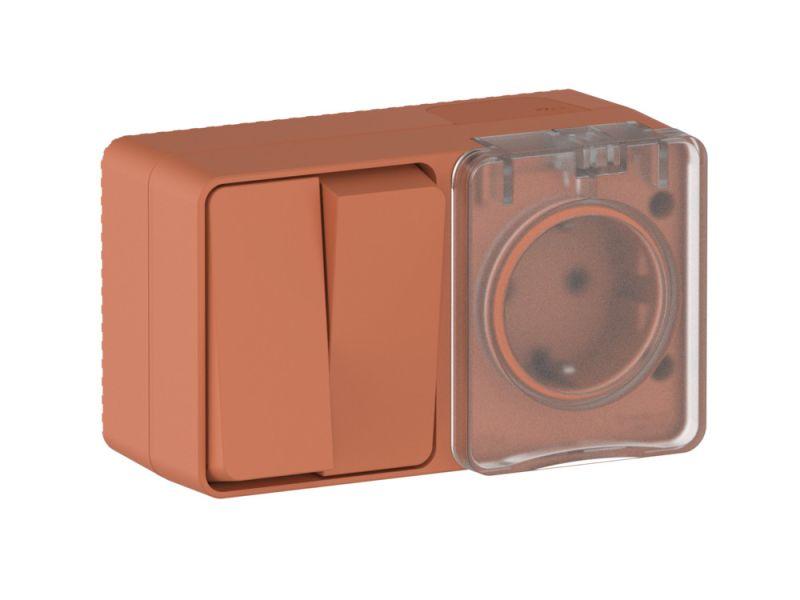 Блок ОП AtlasDesign PROFI IP54 (розетка 1-м 16А заземл. защ. шторки + 2-кл. выключатель 10А) терракот. SE ATN547074