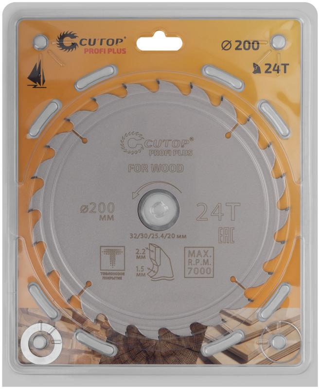 Диск пильный по дереву с тефлоновым покрытием 24Т Profi plus 200х1.5/2.2х32/30/25.4/20мм Cutop 75-20024Т