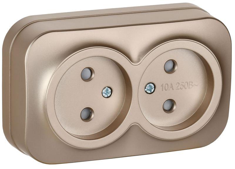 Розетка 2-м ОП GLORY РСш22-2-ХШм 10А без заземл. защ. шторки шампань матов. IEK ERH23-K37M-10
