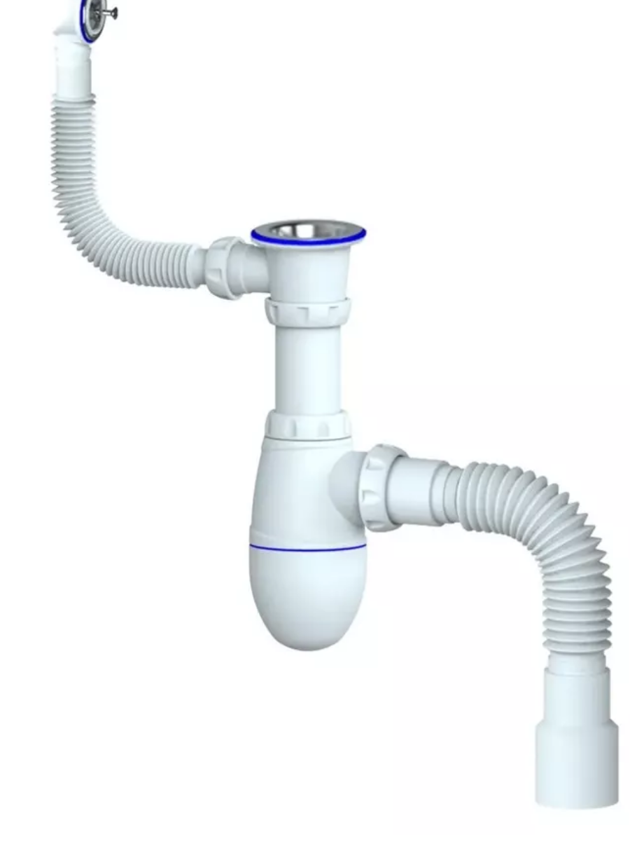 B423 Сифон для мойки с круглым переливом, с отводом в канализацию 40х40/50мм, Unicorn