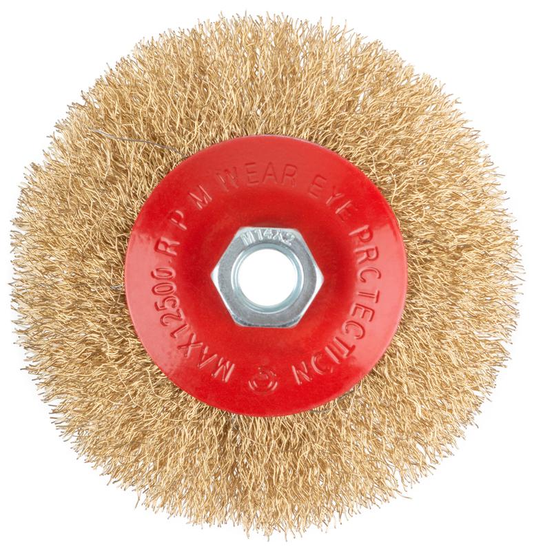 Корщетка-колесо с наклоном гайка М14 стальная волнистая латунированная проволока 115мм КУРС 39022