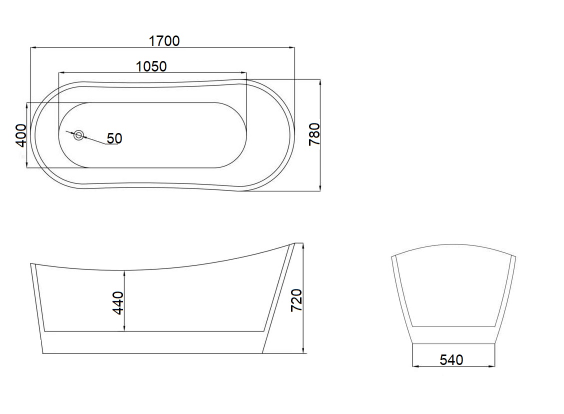 Ванна GLORIA170 акриловая (1700x750x720) отдельностоящая, белая, со сливом-переливом Ceruttispa