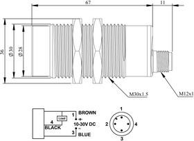 Датчик индуктивный (NPN-НЗ) разъем M12х3 (расс. сраб. 15мм 200Гц) выступающий 10-30В DC IP67 EMAS SIM30NM1OSX