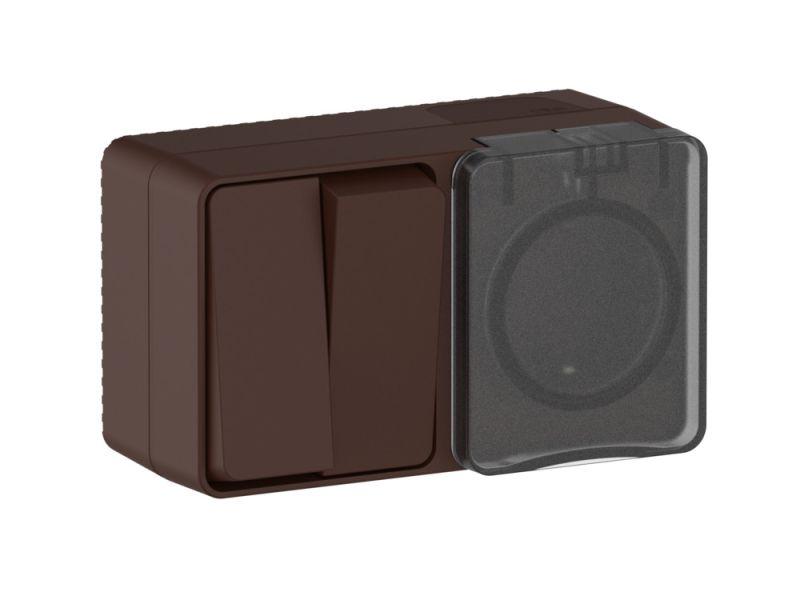 Блок ОП AtlasDesign PROFI IP54 (розетка 1-м 16А заземл. защ. шторки + 2-кл. выключатель 10А) корич. SE ATN546074