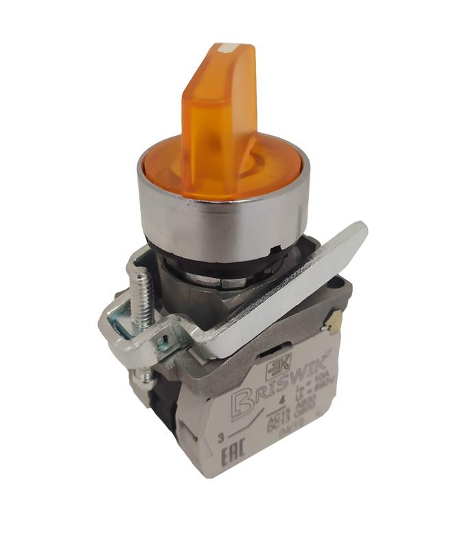 Переключатель КПЕ-1111-РЛС УХЛ3 1НО+1НЗ 10А IP40 24В рукоятка 2 положения с фиксацией с индикацией метал. осн. d посадочного отверст. 22мм желт. ЭЛЬКОМ A8012-32104510