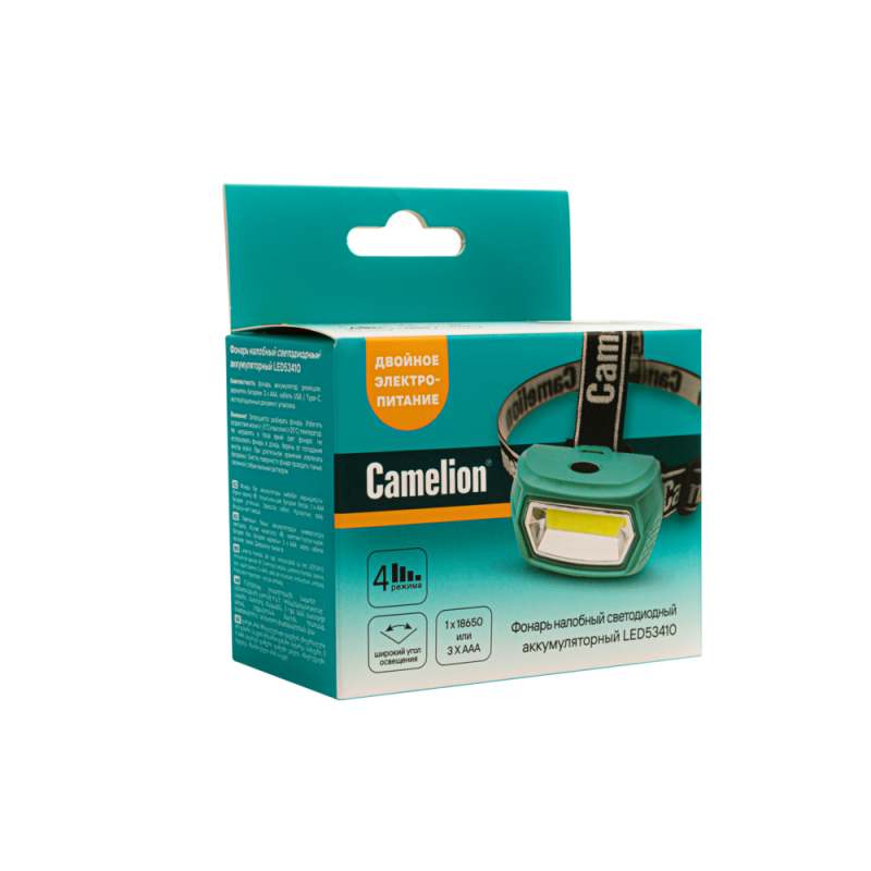 Фонарь налобный LED53410 аккум. 3.7В COB 3Вт 3 реж. 3 x AAA Type-C бокс зел. Camelion 15761