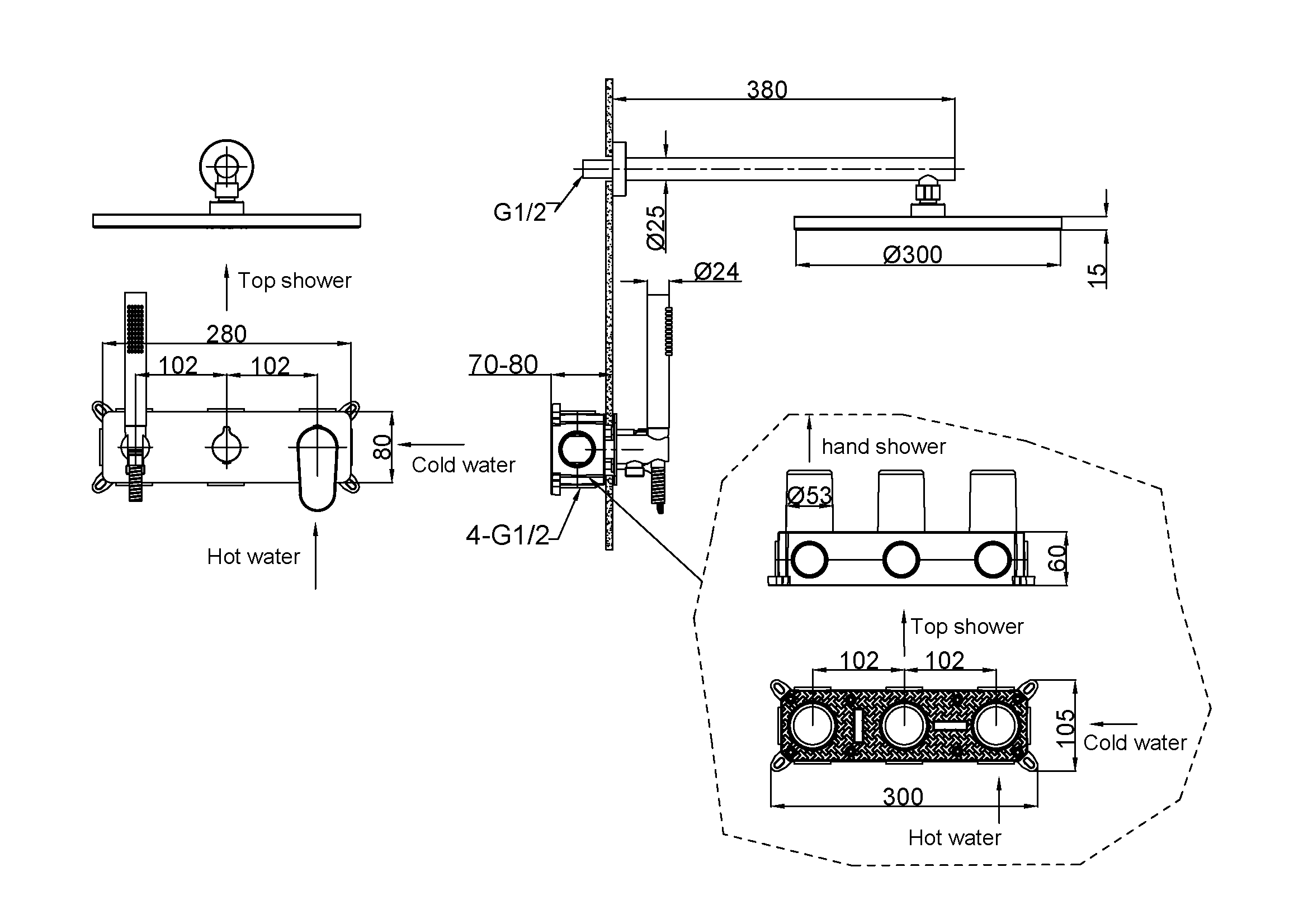 Смеситель встроенный для душа с верхней лейкой SPECTRE Bronze