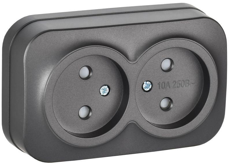 Розетка 2-м ОП GLORY РСш22-2-ХСм 10А без заземл. защ. шторки сталь матов. IEK ERH23-K46M-10