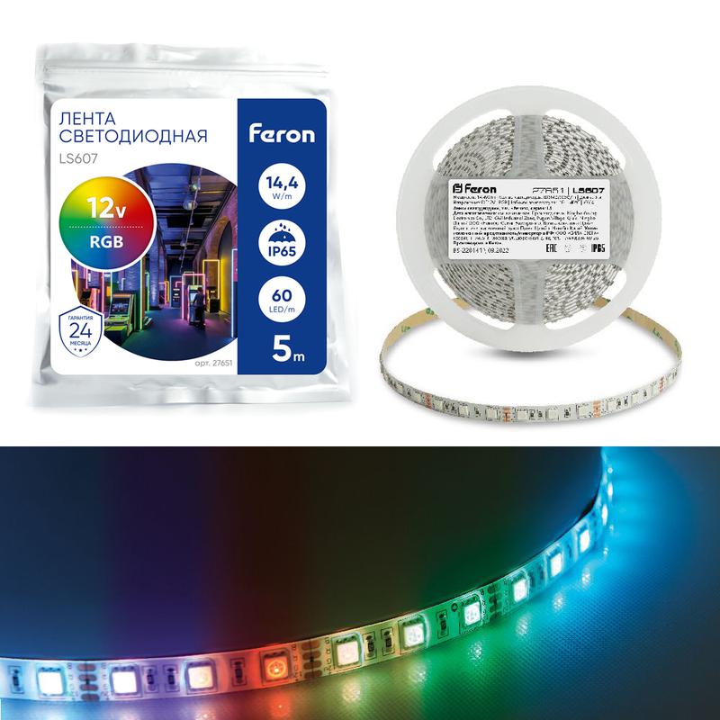 Лента светодиодная 60SMD(5050)/м 14.4Вт/м 12В IP65 RGB LS607 (уп.5м) FERON 27651