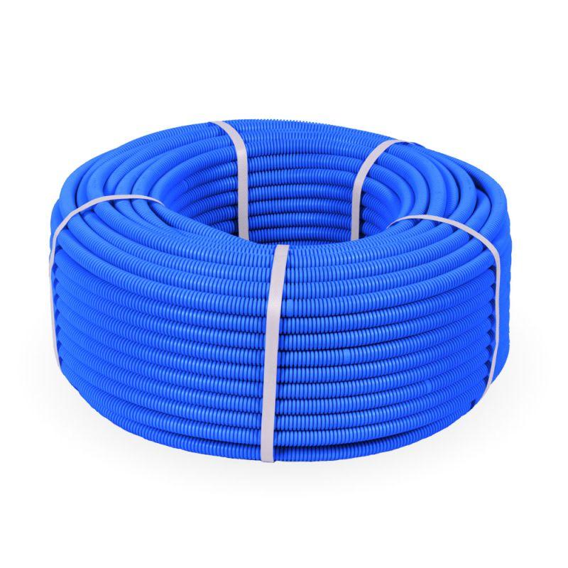 Труба гофрированная ПП тяжелая d16мм с протяжкой 750 Н безгалоген. (HF) син. (уп.100м) Промрукав PR02.0055