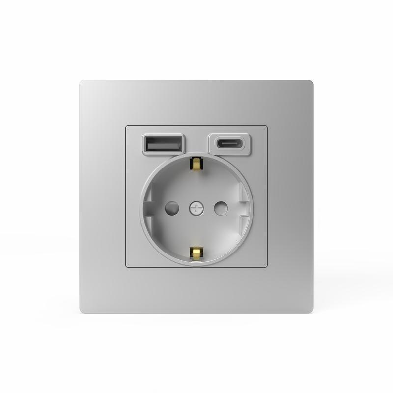 Розетка 1-м СП Pixel IP20 с заземл. с 2-мя заряд. устр. USB тип A+C механизм алюм. TOKOV ELECTRIC TKE-PX-R1U2AC-C03