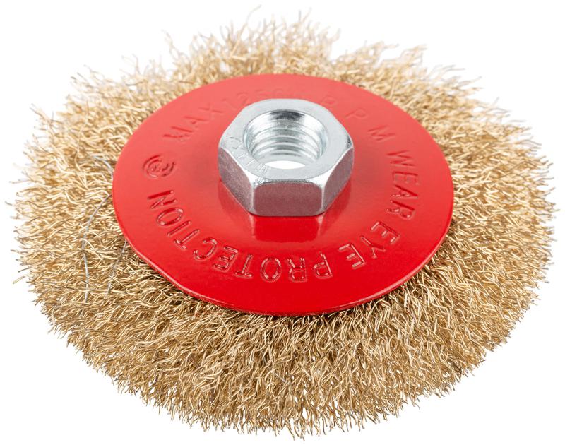 Корщетка-колесо с наклоном гайка М14 стальная латунированная волнистая проволока 100мм блистер КУРС 39083