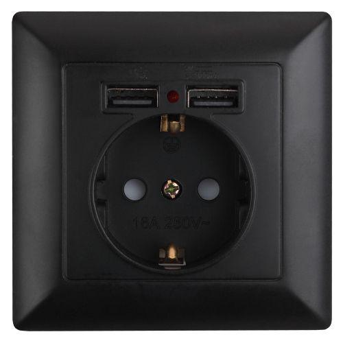 Розетка 1-м СП Solo 4-410-05 P+E Schuko 16А 250В + 2хUSB IP20 с заземл. защ. шторки антрацит Intro Б0053717