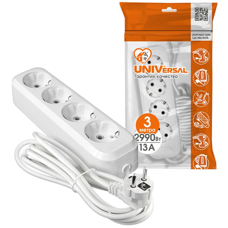 Удлинитель 4х3м с заземл. 13А IP20 Е-304 ПВС 3х1 АБС-пластик UNIVersal 9631981