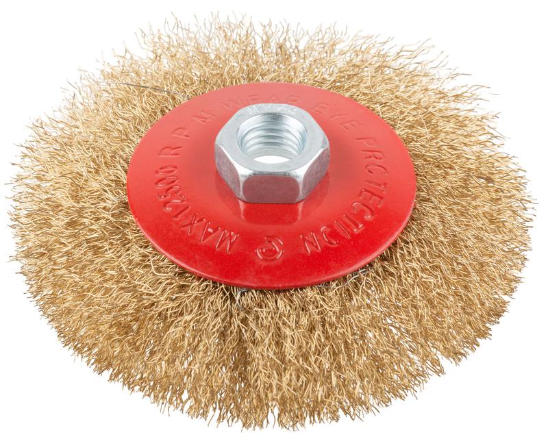 Корщетка-колесо с наклоном гайка М14 стальная волнистая латунированная проволока 115мм КУРС 39022