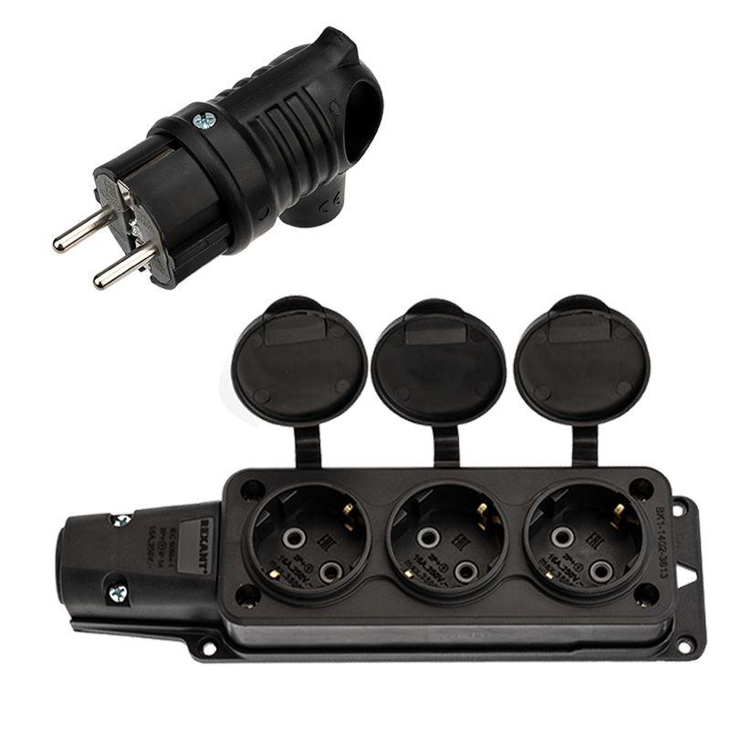 Набор розетка 3-м переносная + вилка угловая 16А IP54 каучук Rexant 111-002-113