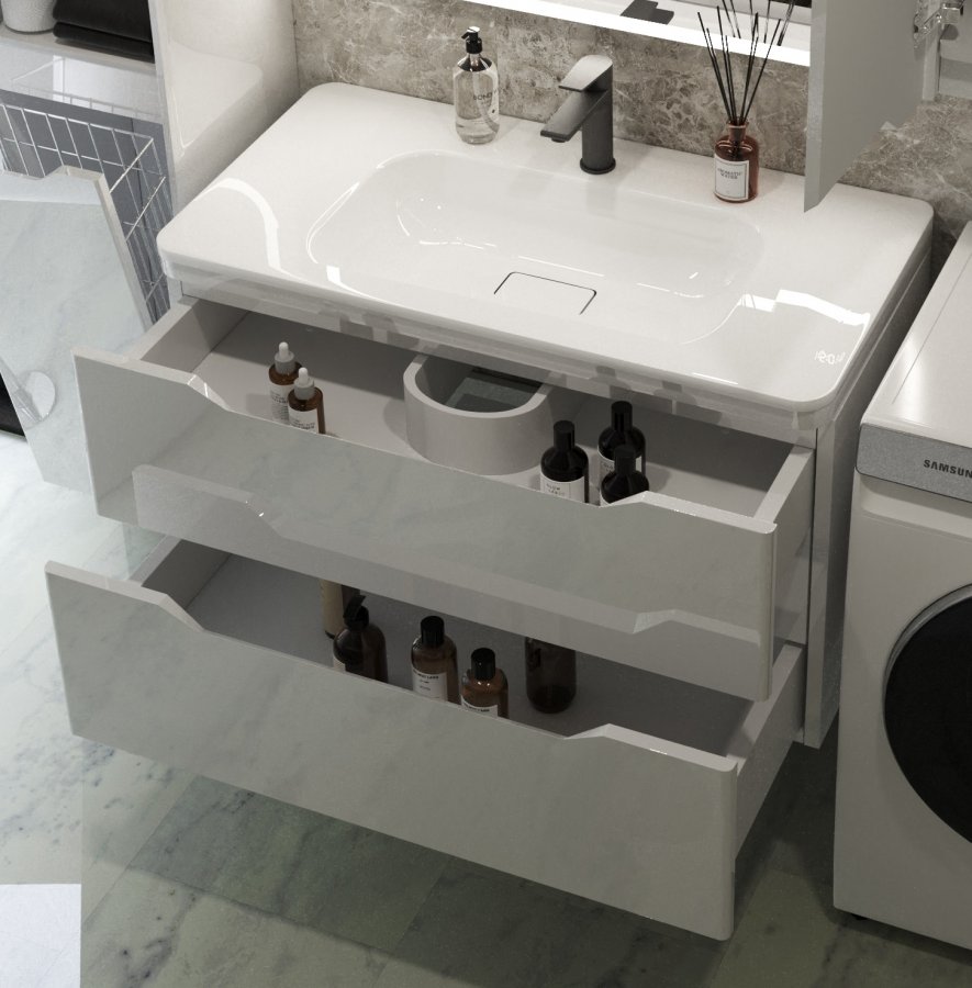 Тумба подвесная "Марелла 90" (2 ящ.) Люкс антискрейтч белый глянец, PLUS