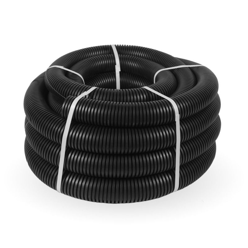 Труба гофрированная ПНД легкая d63мм с протяжкой 350 Н безгалоген. (HF) стойкая к УФ черн. (уп.15м) Промрукав 161562