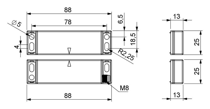 Датчик магнитный (1НЗ+1НО) разъем M8х4 (расст. сраб. 8мм) правый выход IP68 EMAS SMB10RSZ-B18