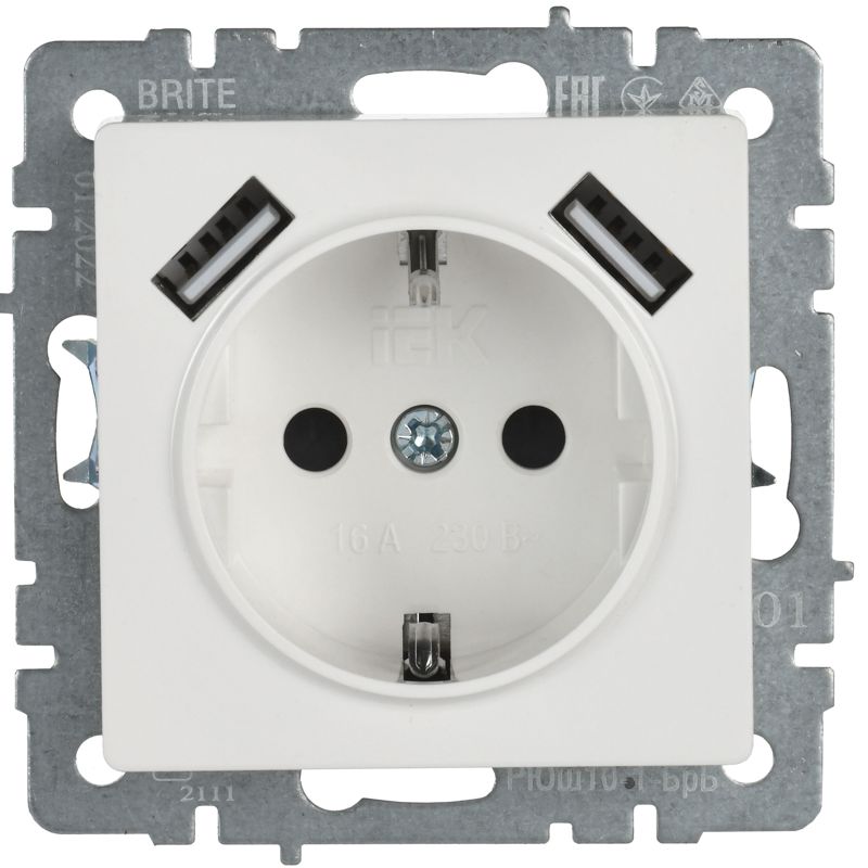 Розетка BRITE РЮш10-1-БрБ 16А с USB A+A 2.1А с заземл. защ. шторки механизм бел. IEK BR-R14-16-U21-D21-K01