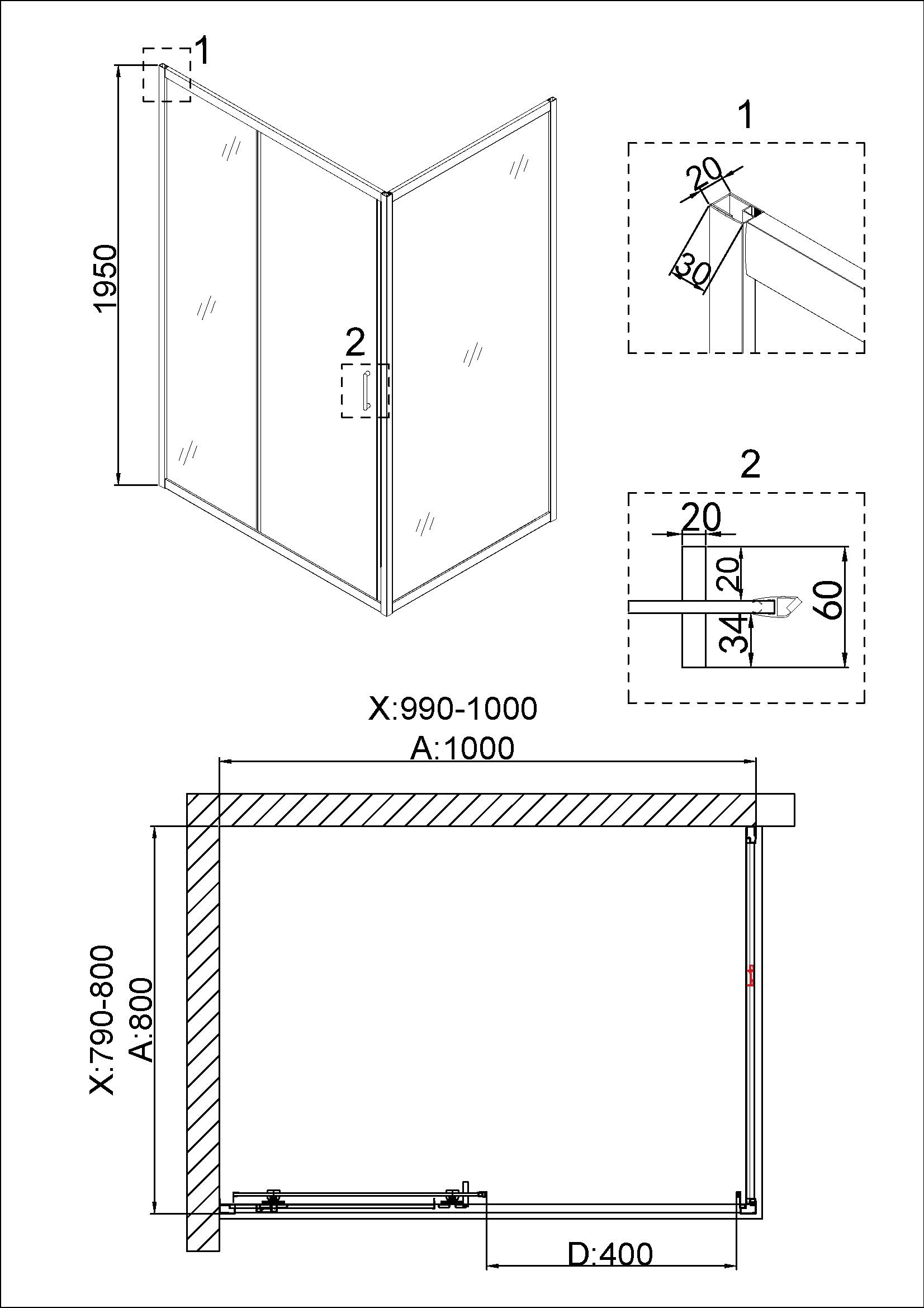 Душевое ограждение NG-42-10AG-A80G (100*80*195) прямоугольник, дверь раздвижная