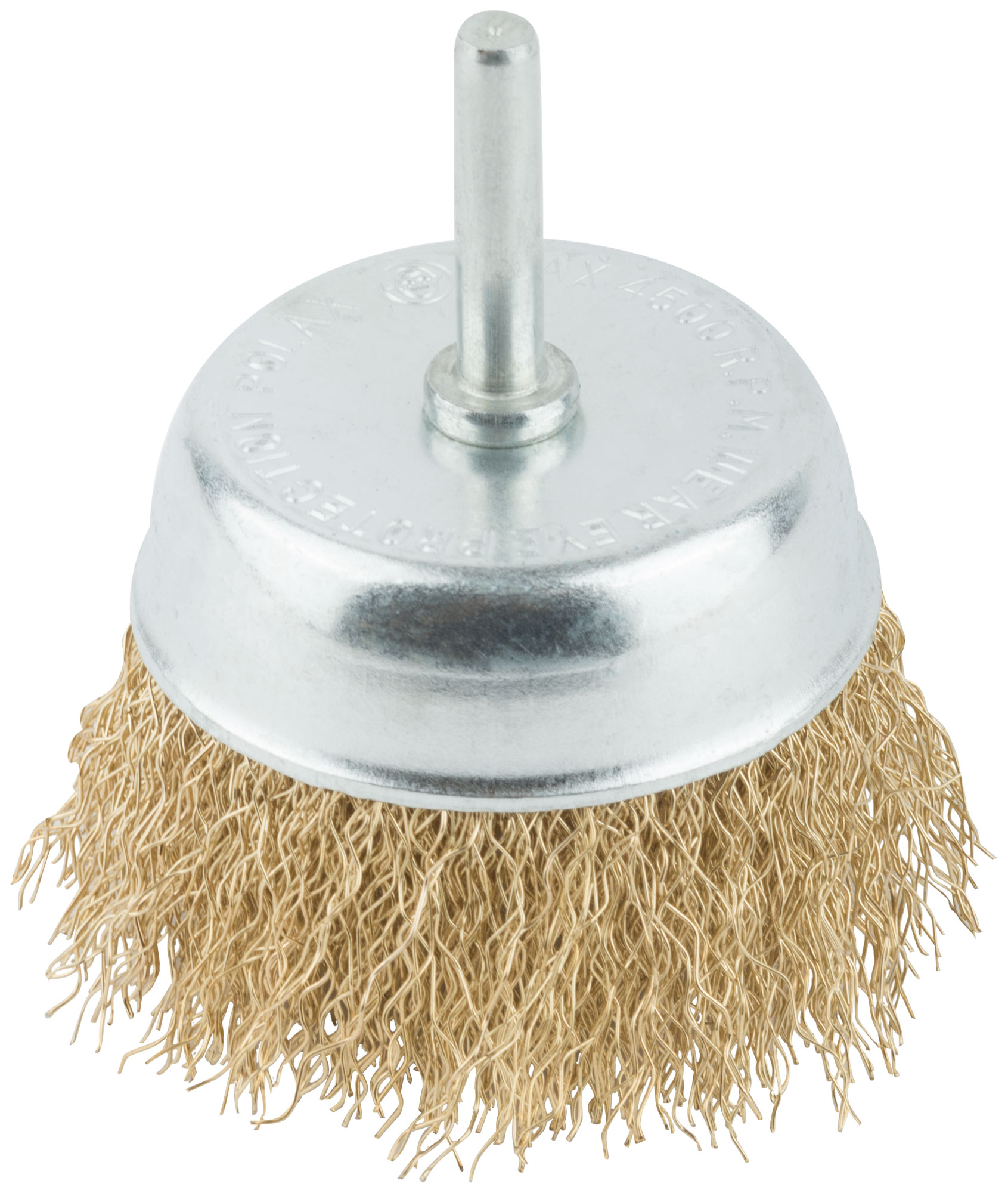 Корщетка, тип "чашка", со штифтом, стальная латунированная волнистая проволока  75 мм