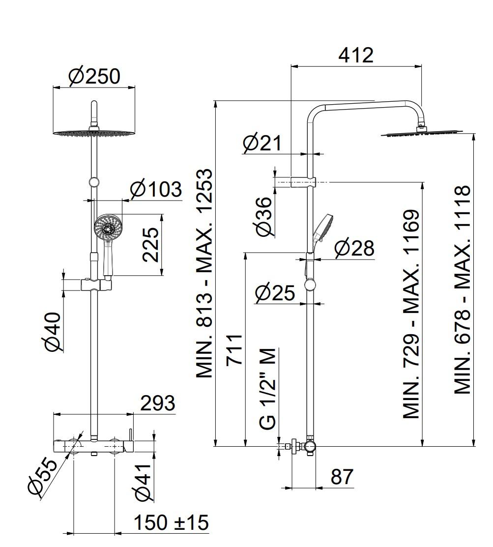 Душевая колонна NOTA на 2 потока с механическим смесителем с  ручным душем на 5 режимов, хром