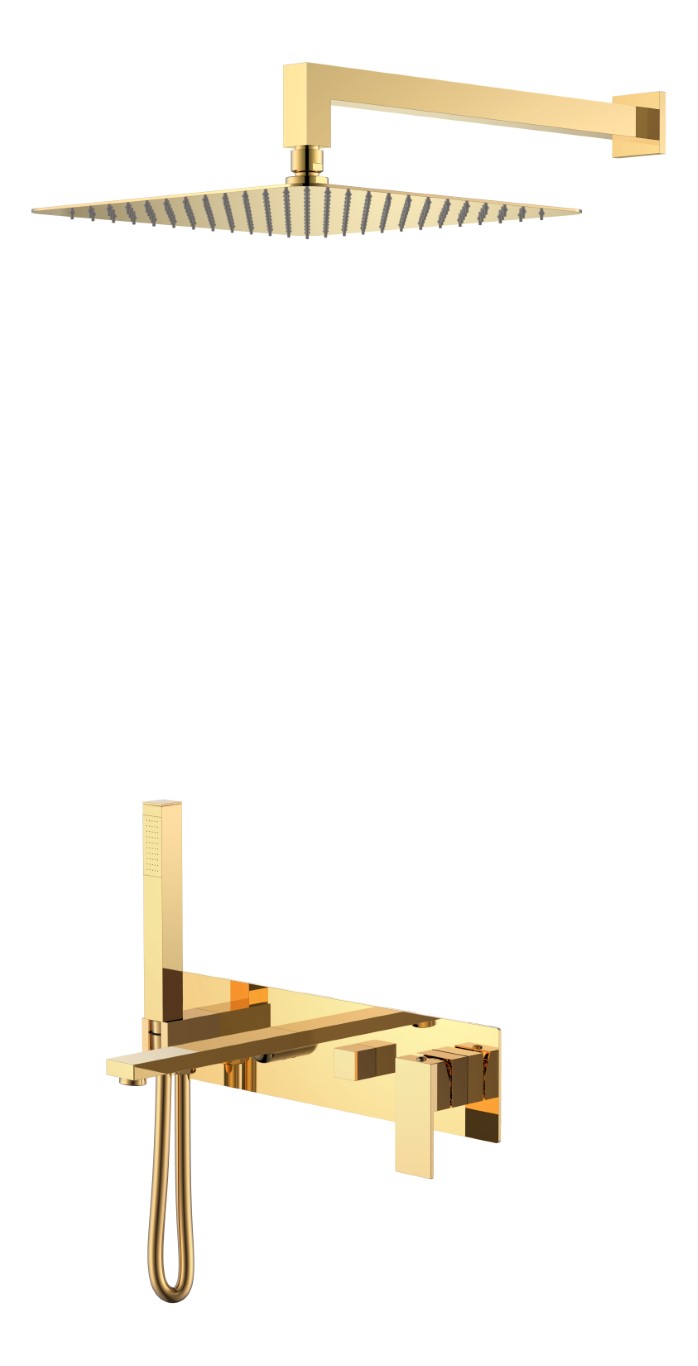 Смеситель встроенный + верхний+ ручной душ Qubic Shine Gold с изливом