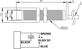 Датчик индуктивный (NPN-НО) кабель 2мх4мм 400Гц) выступающий 10-30В DC IP67 EMAS SIM12NM1NC2
