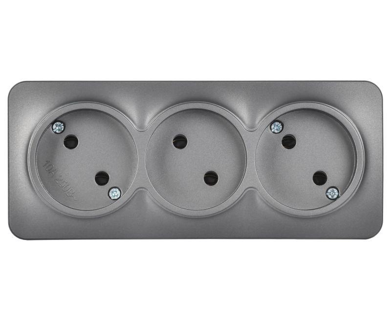 Розетка 3-м ОП GLORY РС23-2-ХСм 10А без заземл. без защ. шторок сталь матов. IEK ERH30-K46M-10