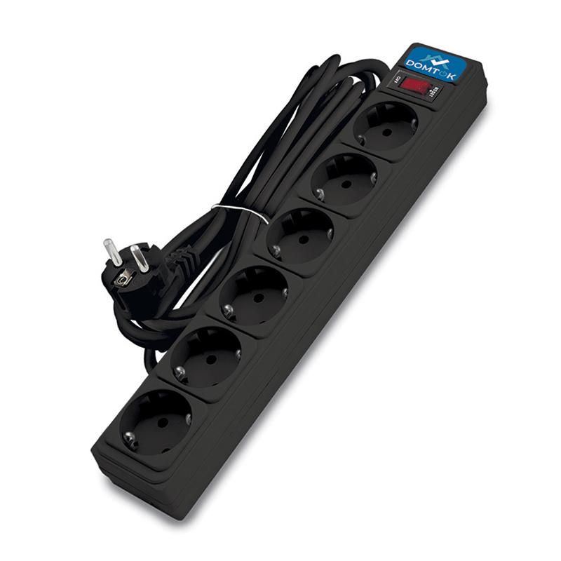 Удлинитель с сетевым фильтром 6х5м с заземл 10А IP20 2.2кВт ПВС 3х1 с выкл. черн. DOMTOK 2523