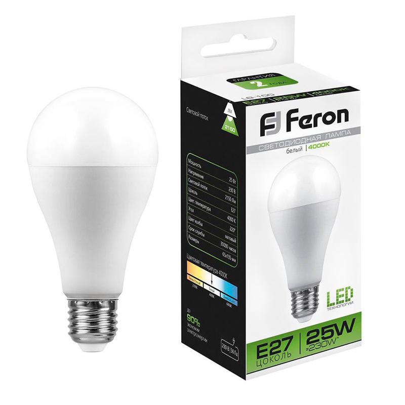 Лампа светодиодная 25Вт 230В E27 4000К A65 LB-100 FERON 25791