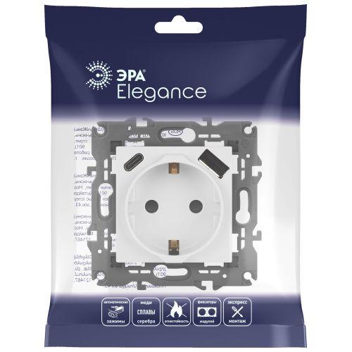Розетка Elegance 14-4108-01 16A 250В 2P+E защ. шторки с USB type-A+C 3А 5В белый Эра Б0067736