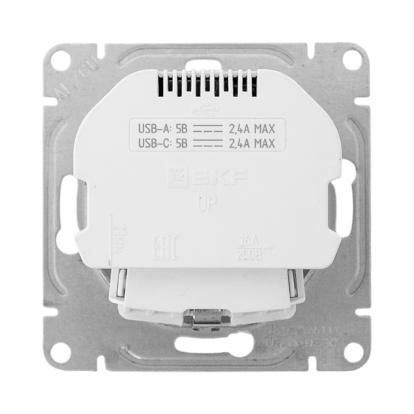 Розетка СП Эпика 16А с 2 USB-A+С с заземл. защ. шторки механизм бел. EKF UP1-SOW-111-USBA+USBC