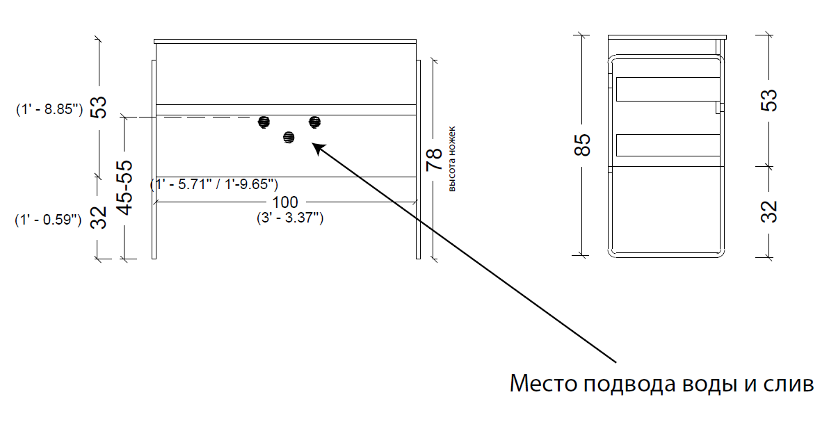 Тумба без раковины Vallessi 100*46cm АНТРАЦИТ мат. 2 полки,