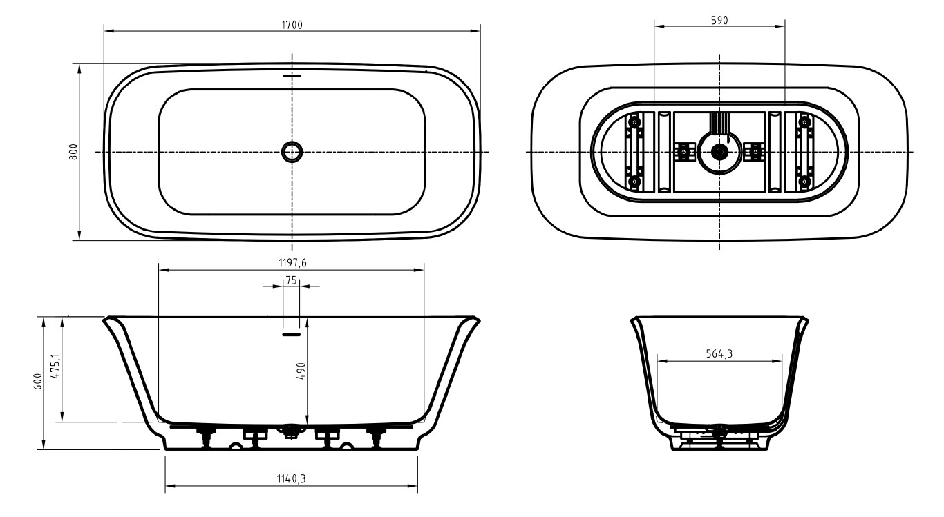 Акриловая ванна BELBAGNO DUE BB702-1700-800-K