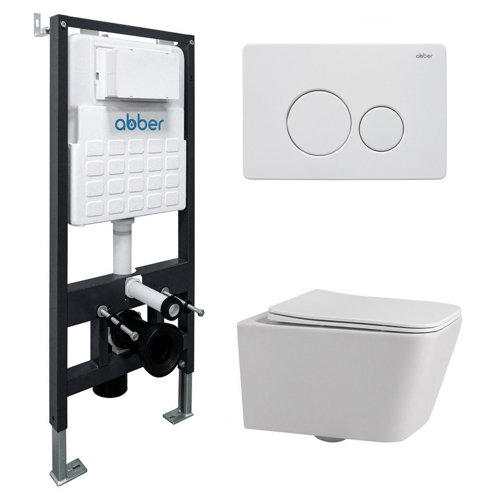 Комплект подвесной унитаз ABBER Rechteck AC1201 белый с инсталляцией AC0105 и кнопкой AC0121MW белая матовая