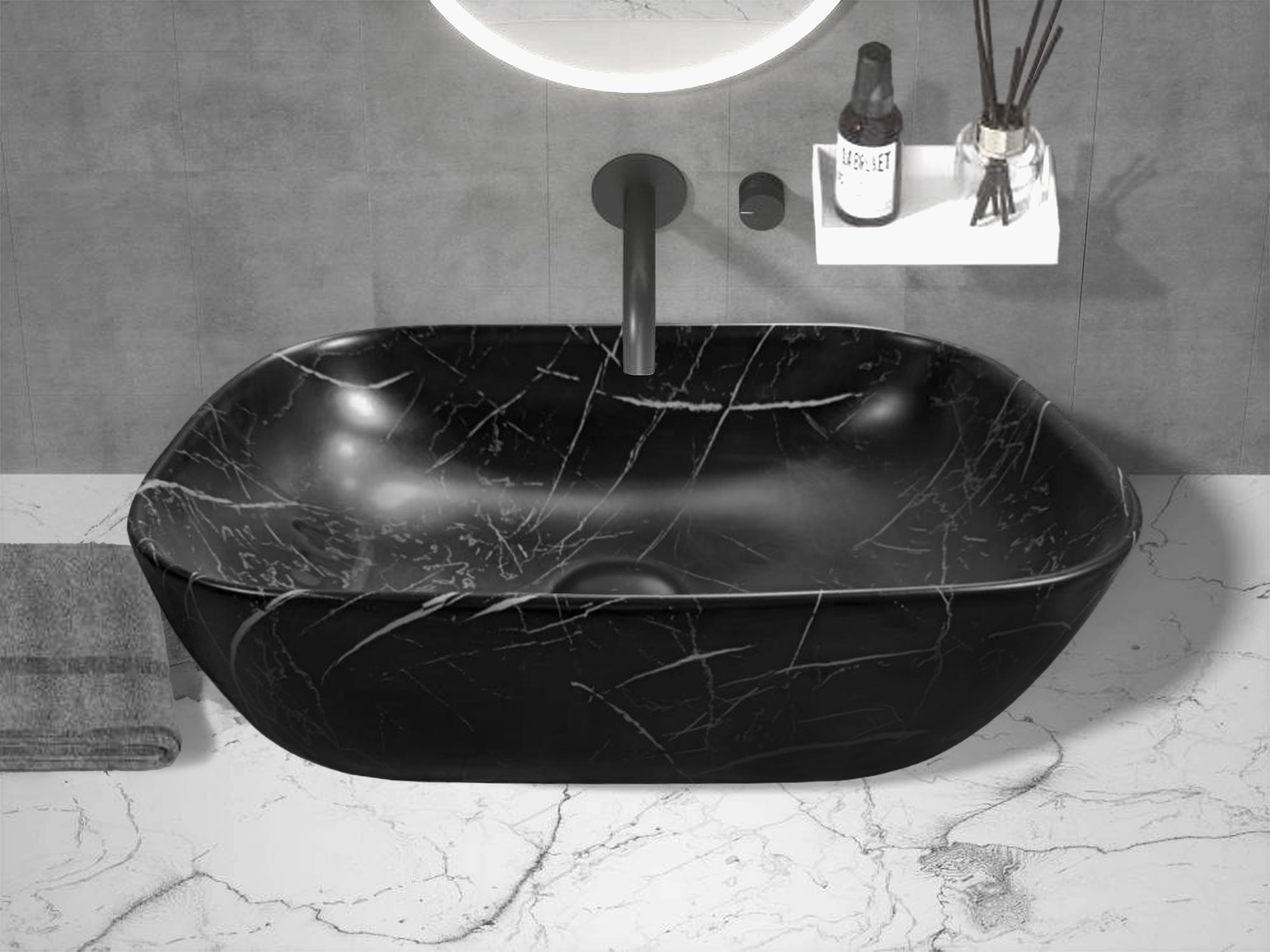 Раковина CR8217MMB накладная, мрамор матовый черный, прямоугольная 500х395х145 Ceruttispa