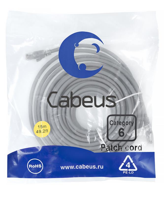 Патч-корд U/UTP кат.6 PC-UTP-RJ45-Cat.6-15m-LSZH 2xRJ45/8p8c неэкранир. LSZH 15м сер. Cabeus 9595c