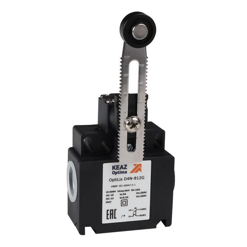 Выключатель концевой OptiLiS D4N-812G рычаг регулируемый с роликом пластик. EN 50047 XCKT2145P16 КЭАЗ 365322